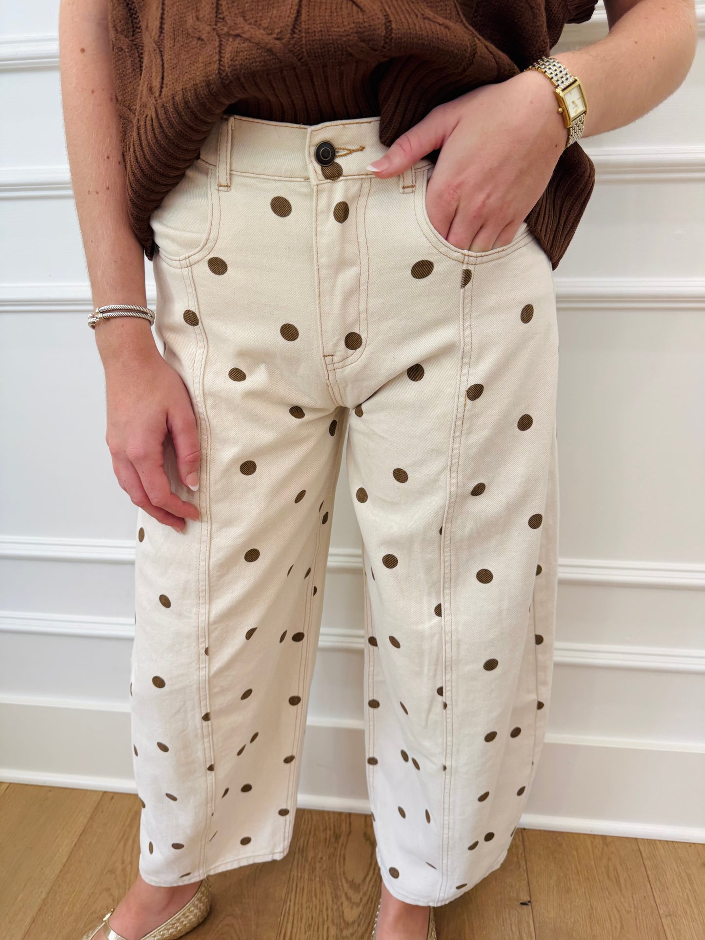 Polka Dot Barrel Jeans - Cream/Brown