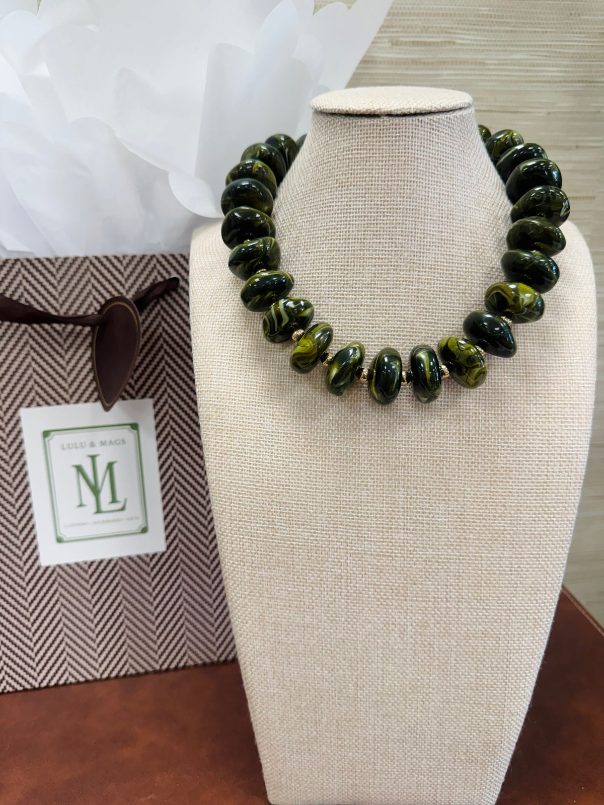 Olive Marble Chunky Beaded Necklace