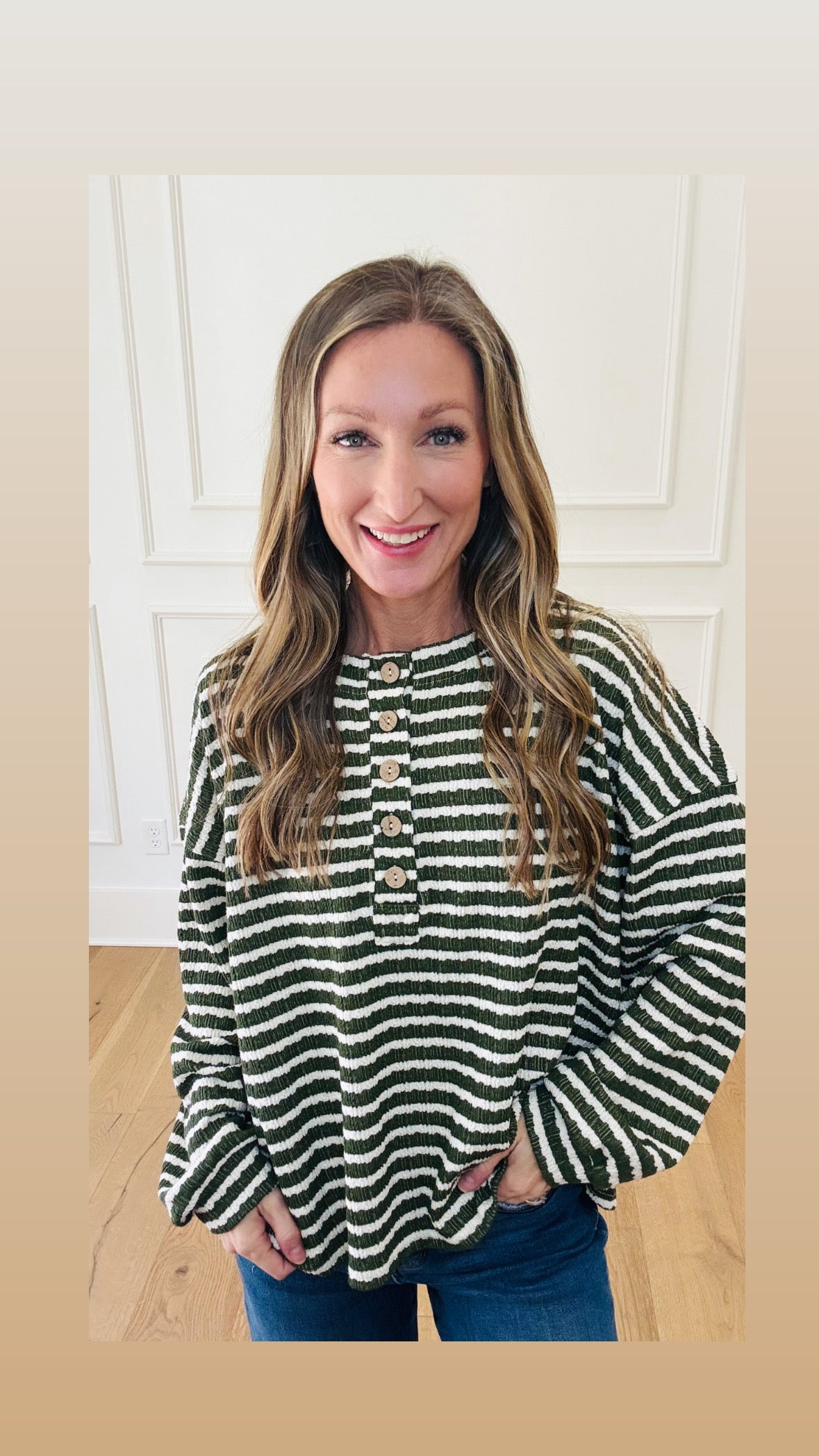 Comfort Stripe Henley - Deep Olive