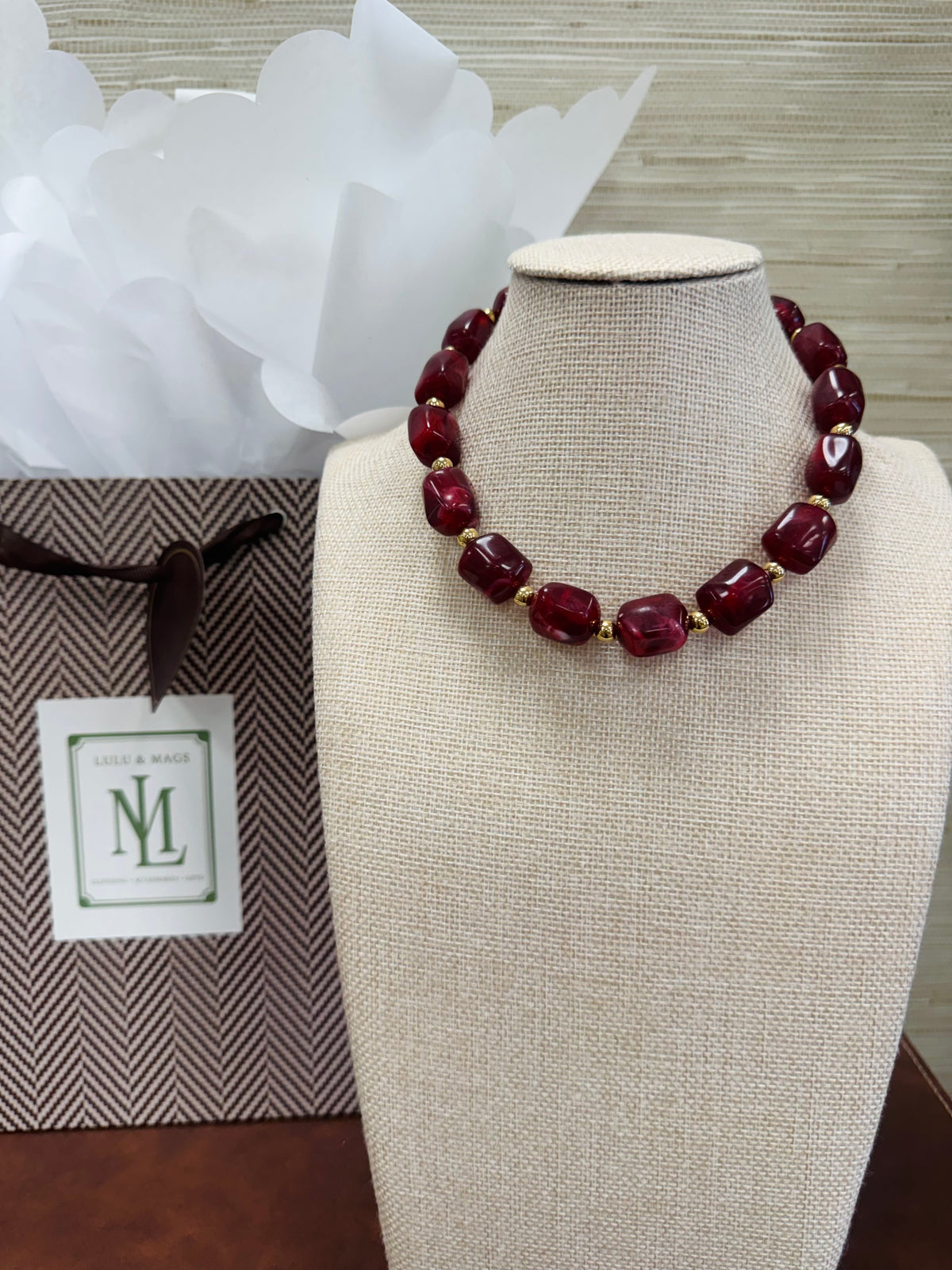 Burgundy/Gold Beaded Necklace