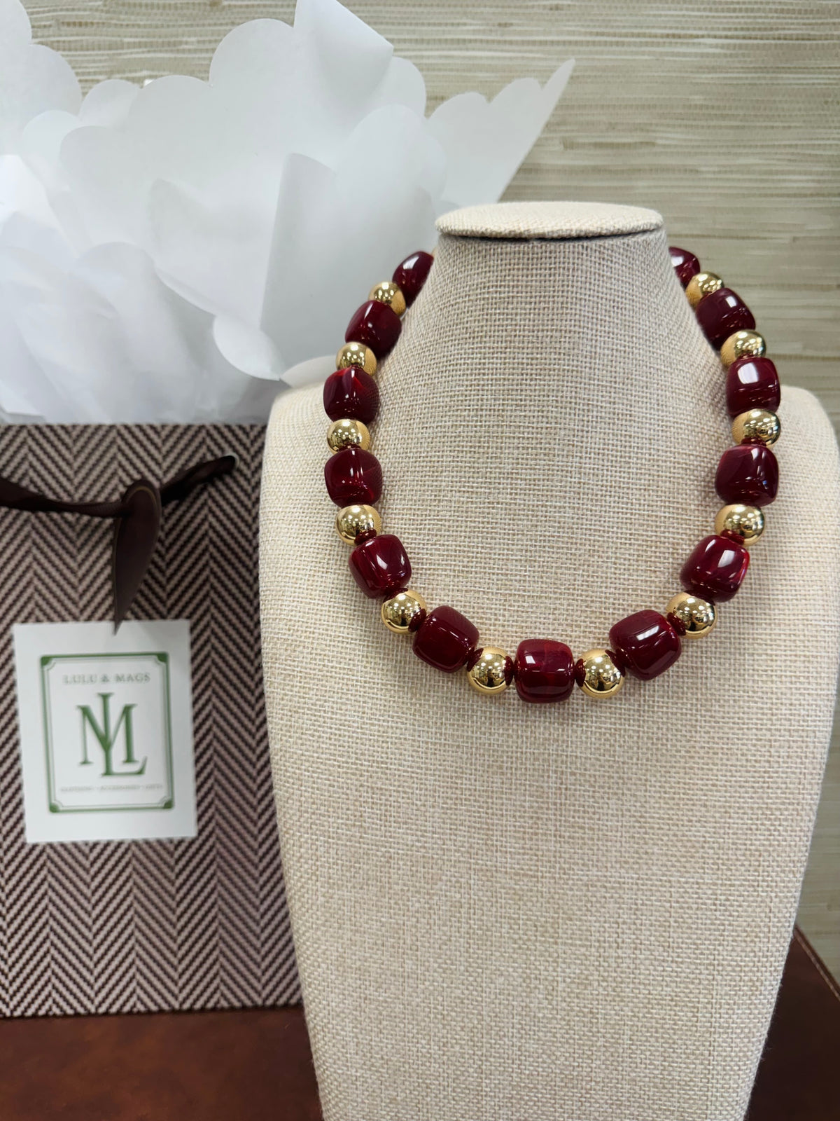 Burgundy & Gold Beaded Magnetic Necklace