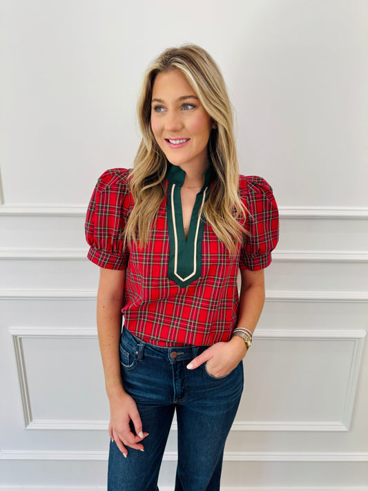Joyful Plaid Top -Red
