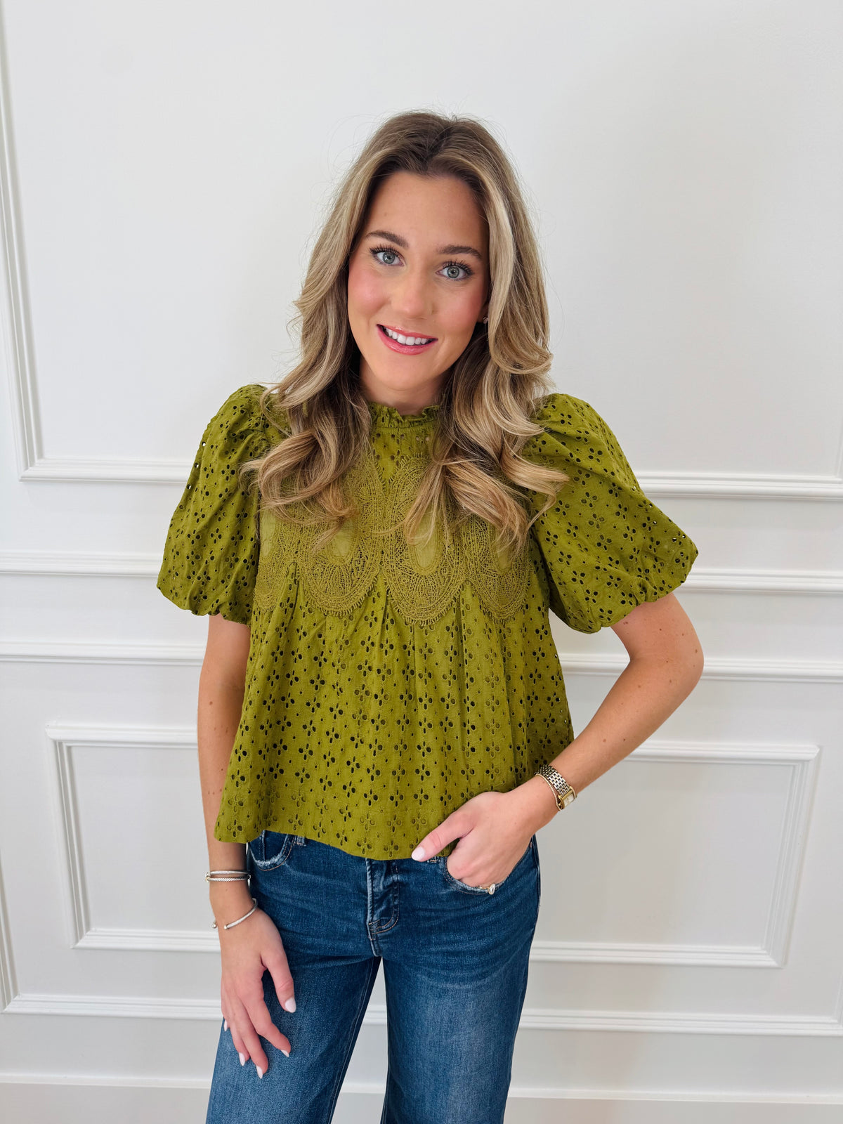 Lottie Eyelet Top - Chartreuse