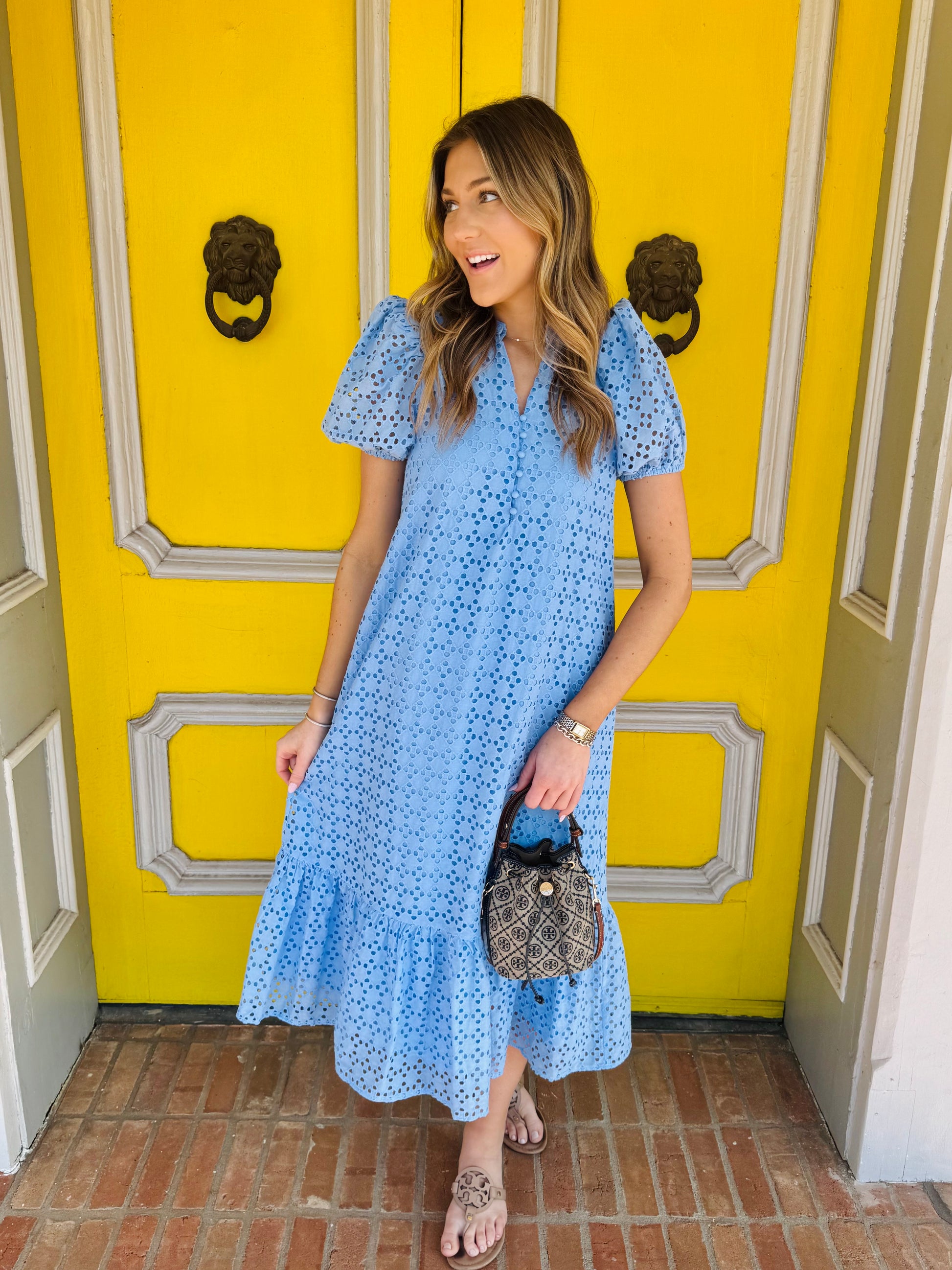 eyelet dress blue Cora Baby Blue Eyelet Ruffle Mini Dress – Thomas and Rye main image 0