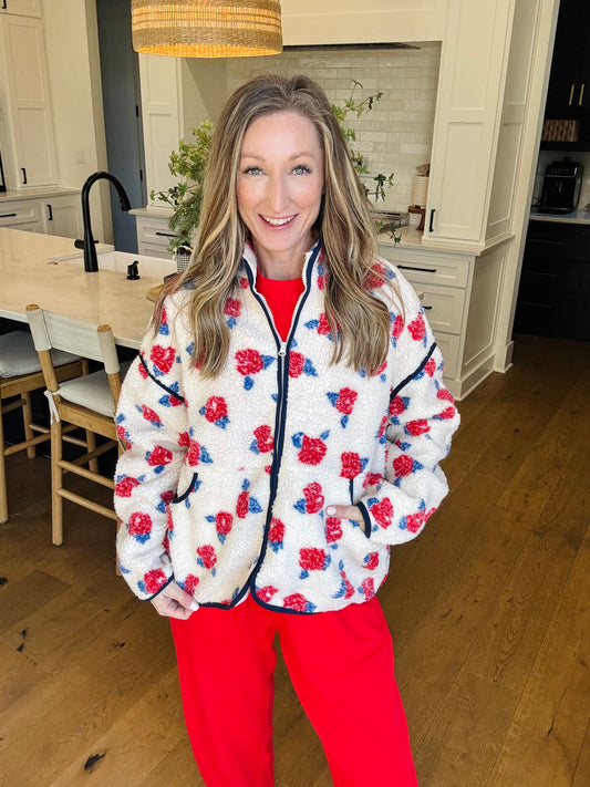 Rosie Sherpa Jacket - Red/Cream