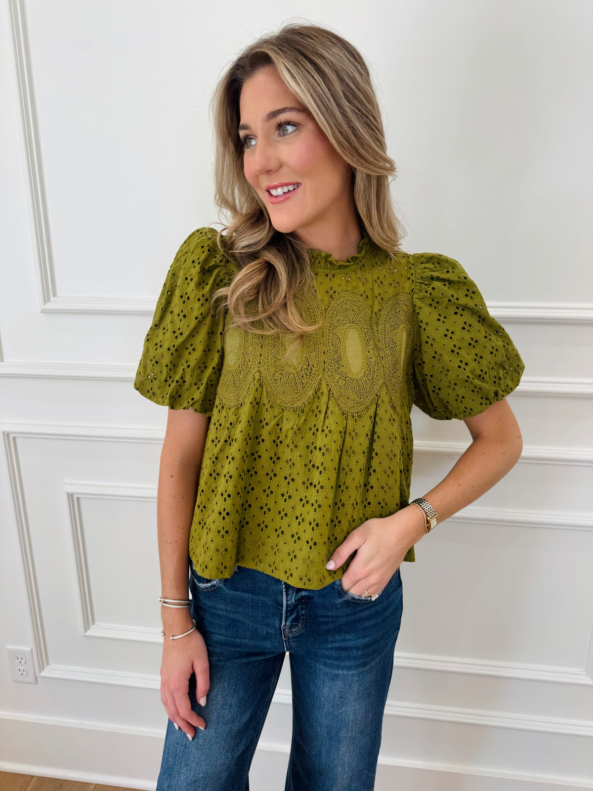 Lottie Eyelet Top - Chartreuse