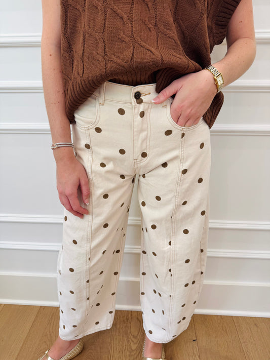 Polka Dot Barrel Jeans - Cream/Brown