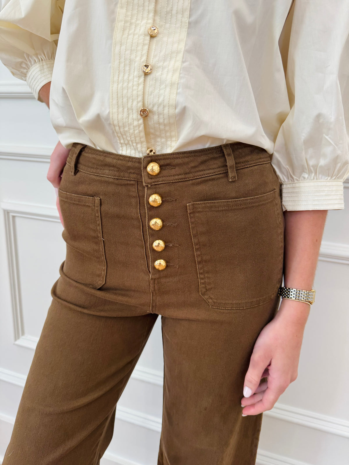 Sutton Gold Button Jean- Brown