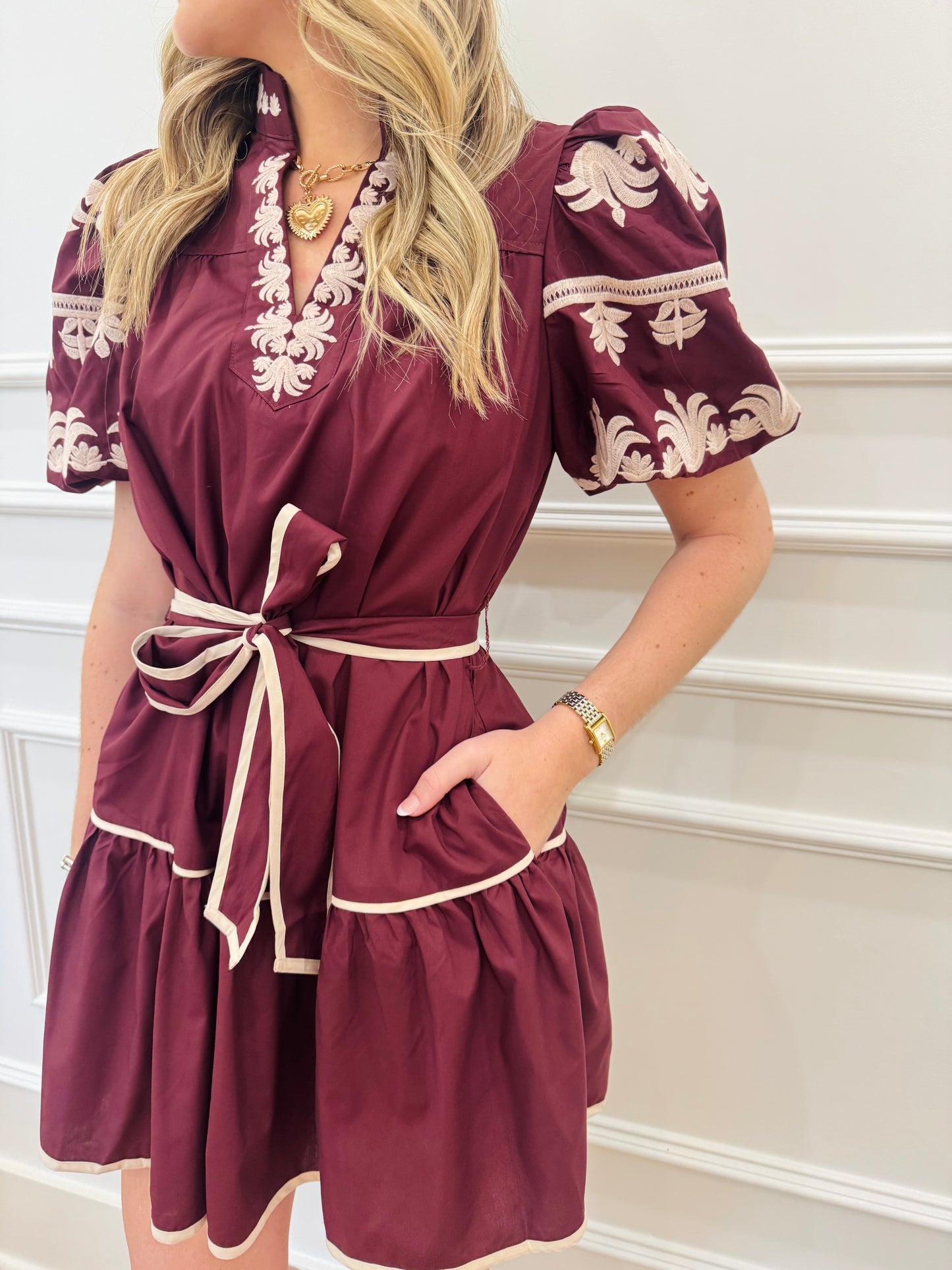 Conley Embroidered Dress - Burgandy