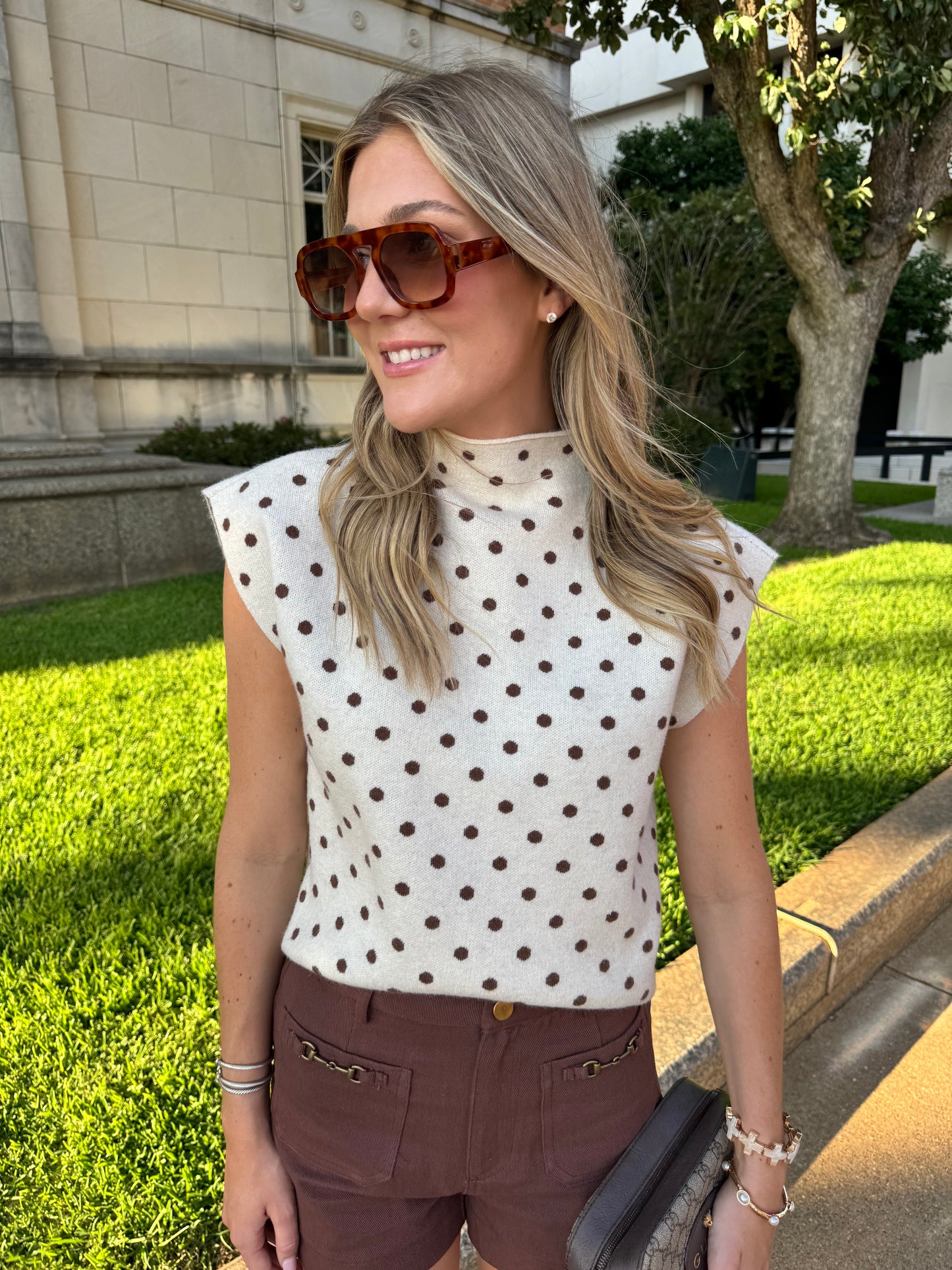 Kate Polka Dot Top - Ecru/Brown