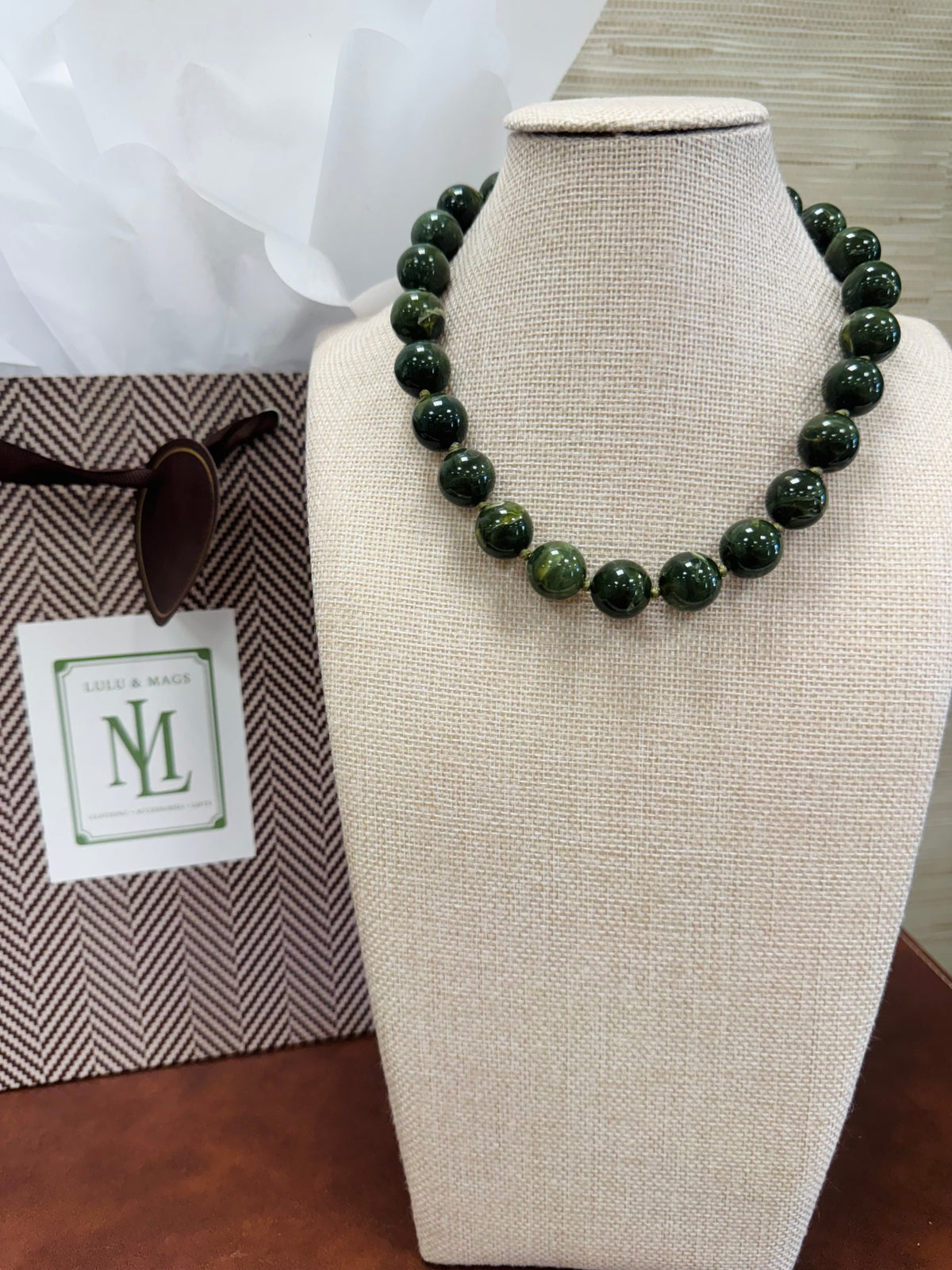 Olive Marble Beaded Necklace