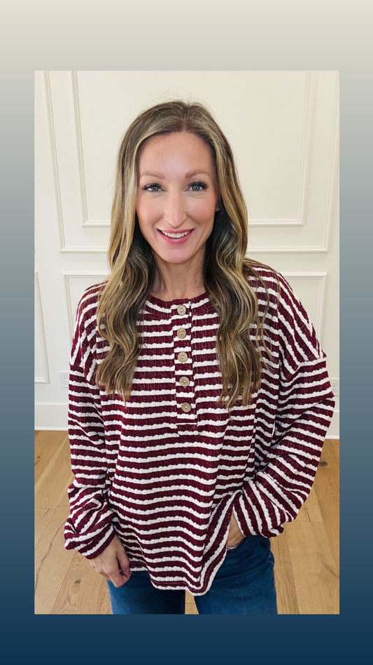 Comfort Stripe Henley - Wine