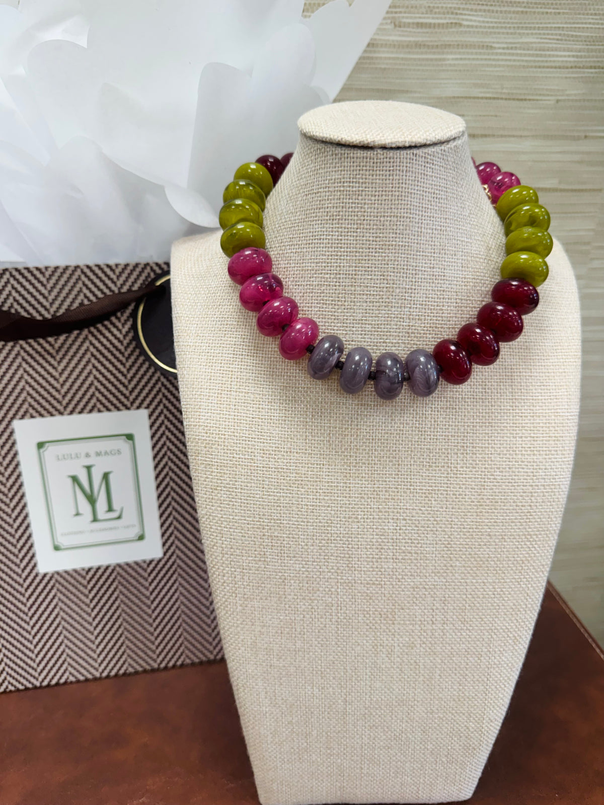 Chartreuse/Magenta Chunky Beaded Necklace