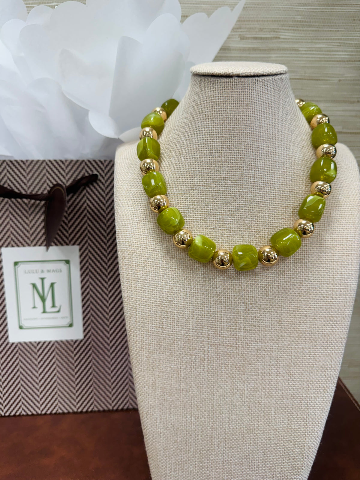 Chartreuse & Gold Beaded Magnetic Necklace