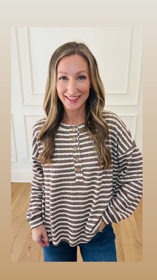 Comfort Striped Henley - Mocha