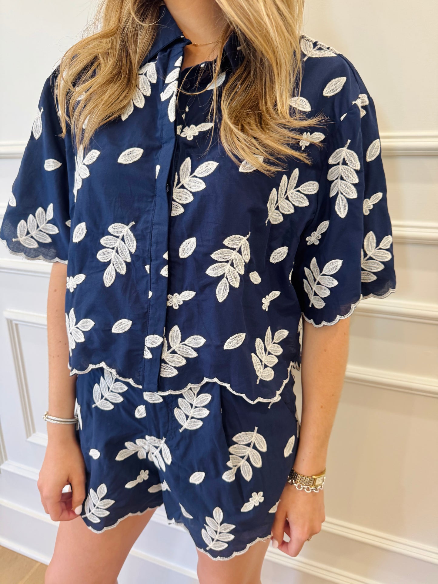 Celeste Embroidered Scalloped Top - navy