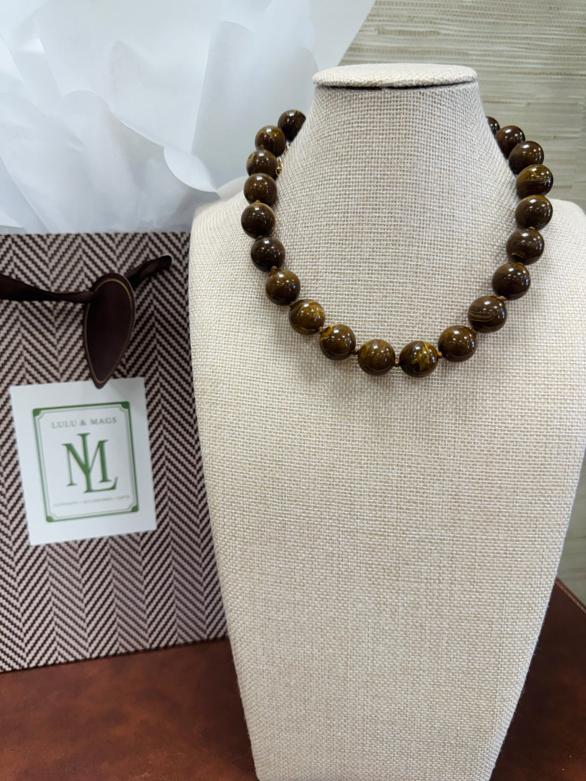 Brown Marble Round Beaded Necklace
