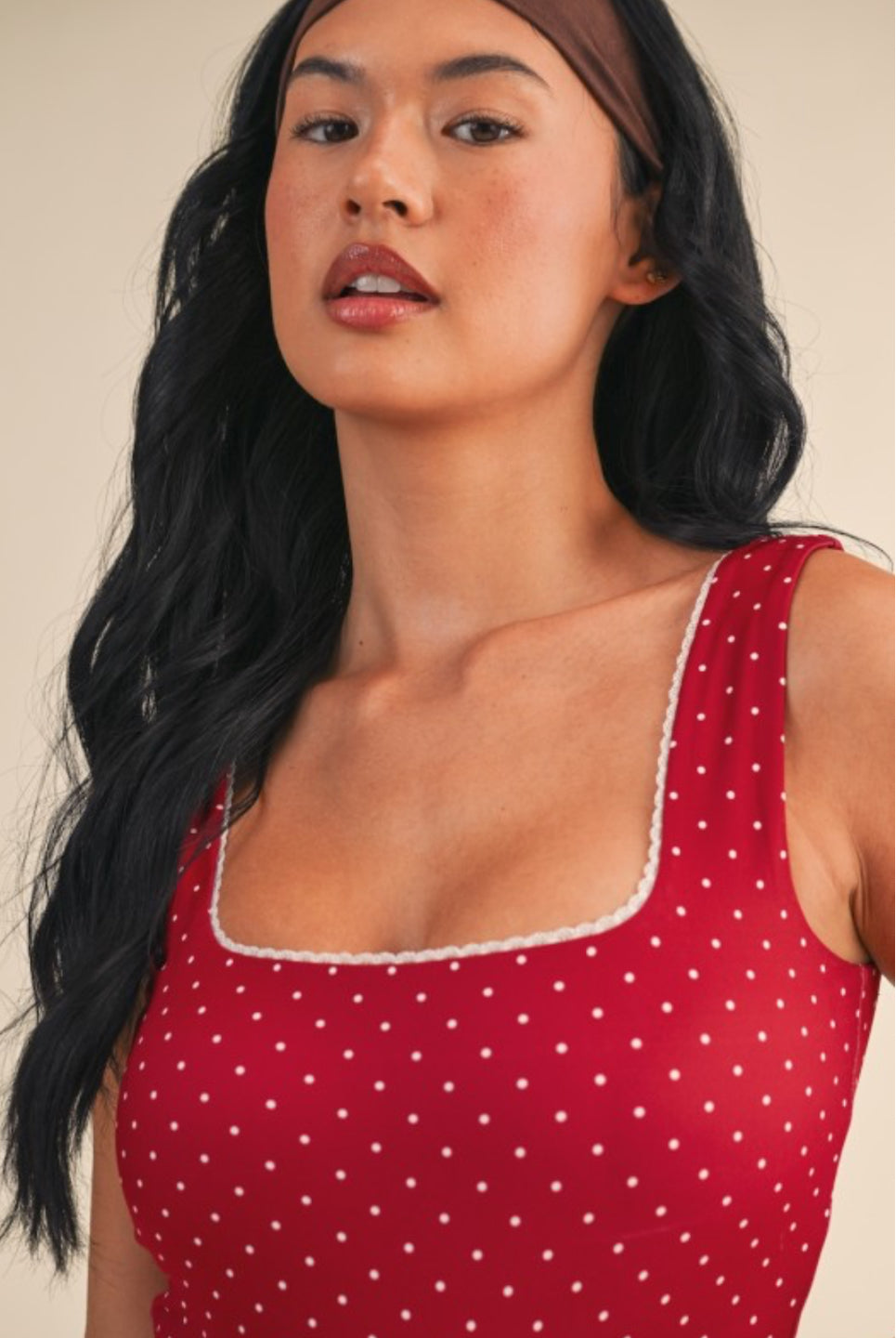 Polka Dot Print Crop Tank/Bra - Dark Red