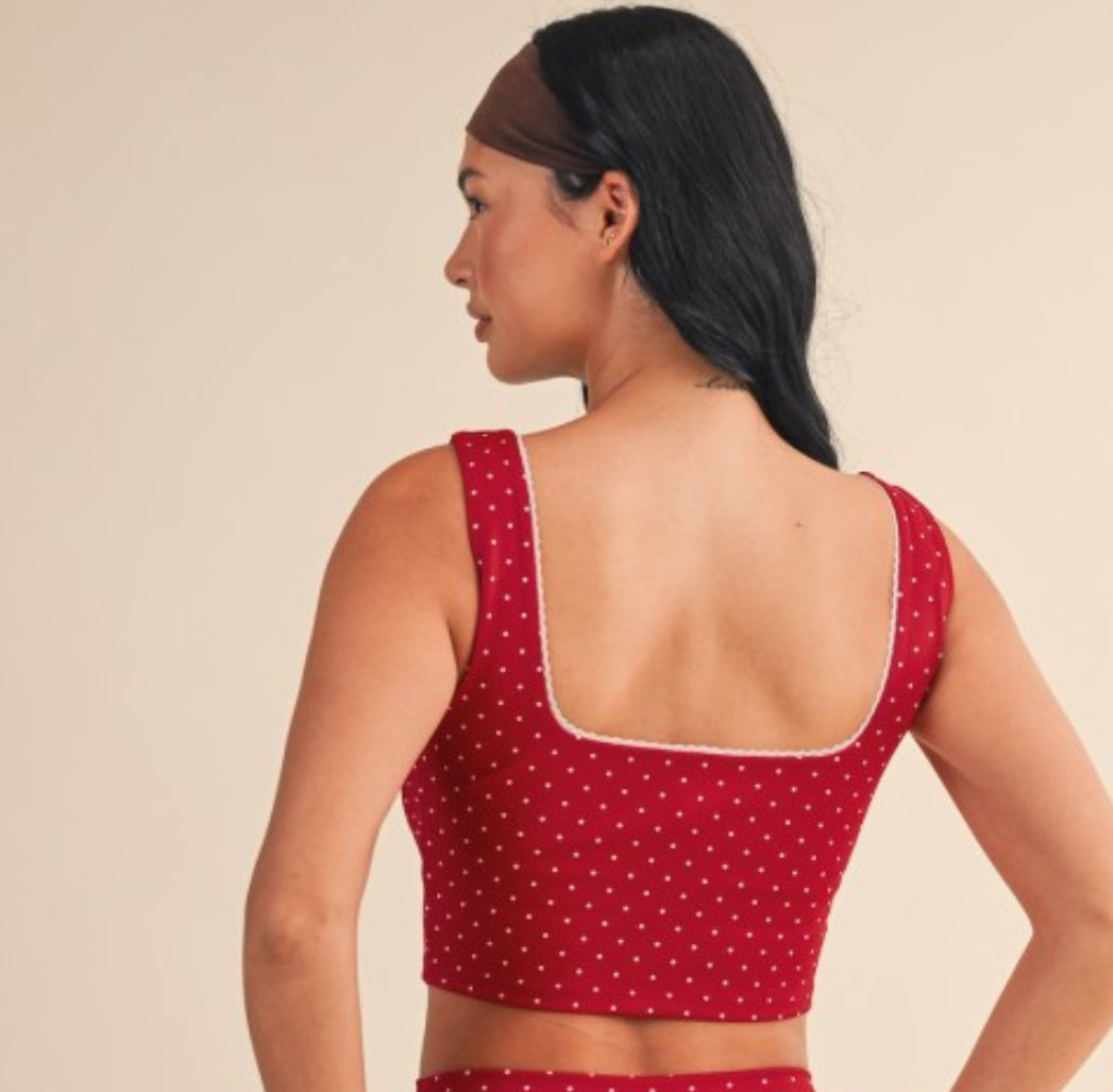 Polka Dot Print Crop Tank/Bra - Dark Red