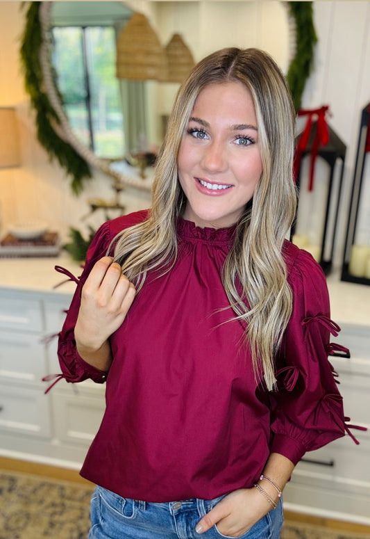 Bow Sleeve Top - Burgandy