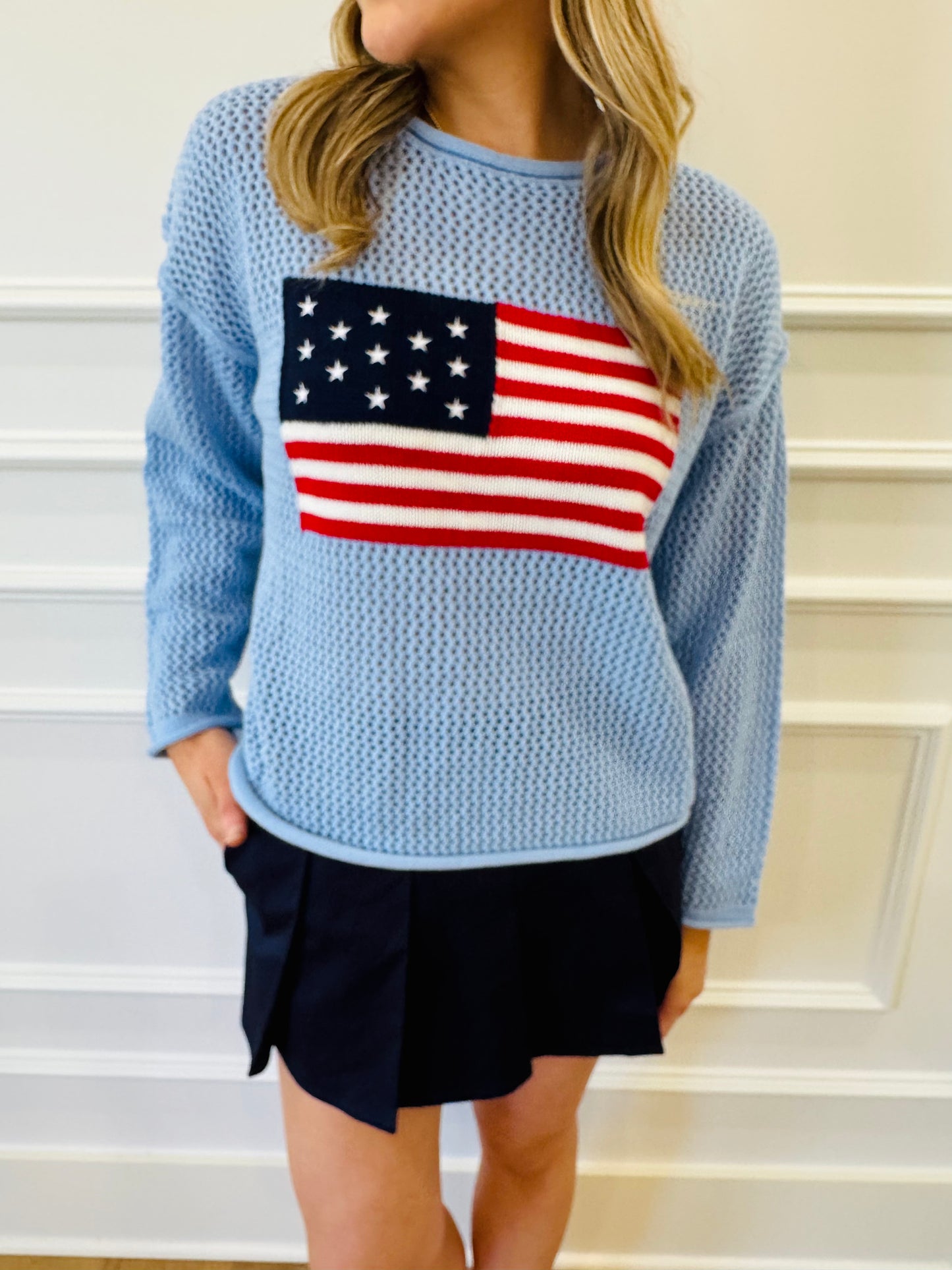 America The Beautiful Flag Sweater - Powder Blue