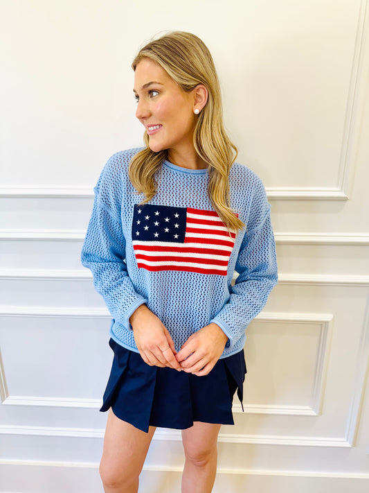 America The Beautiful Flag Sweater - Powder Blue