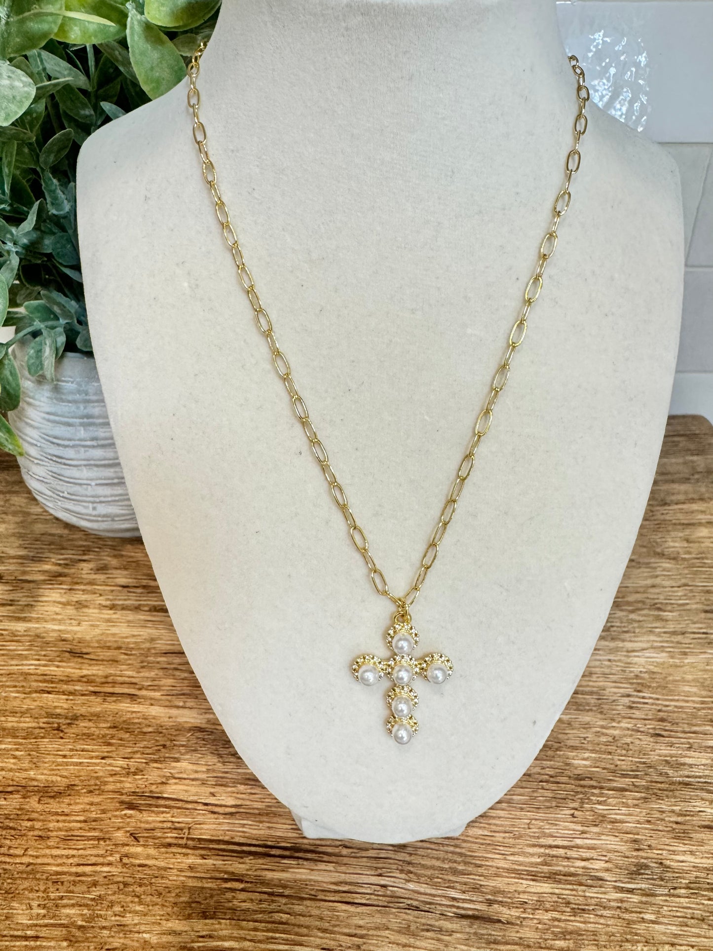 Dainty Pearl Cross Necklace
