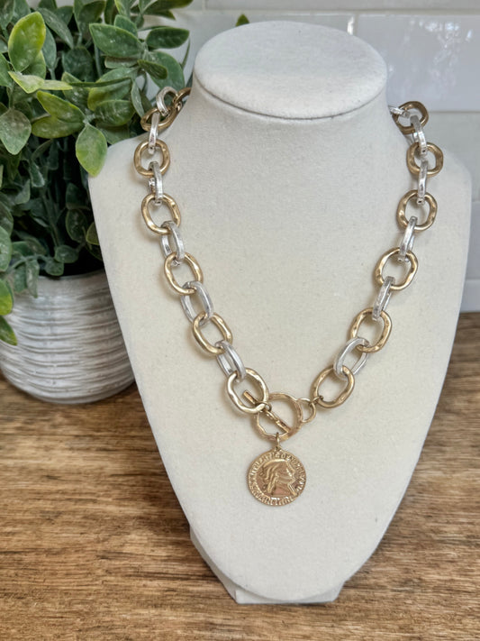 Mixed Metal Link Coin Necklace