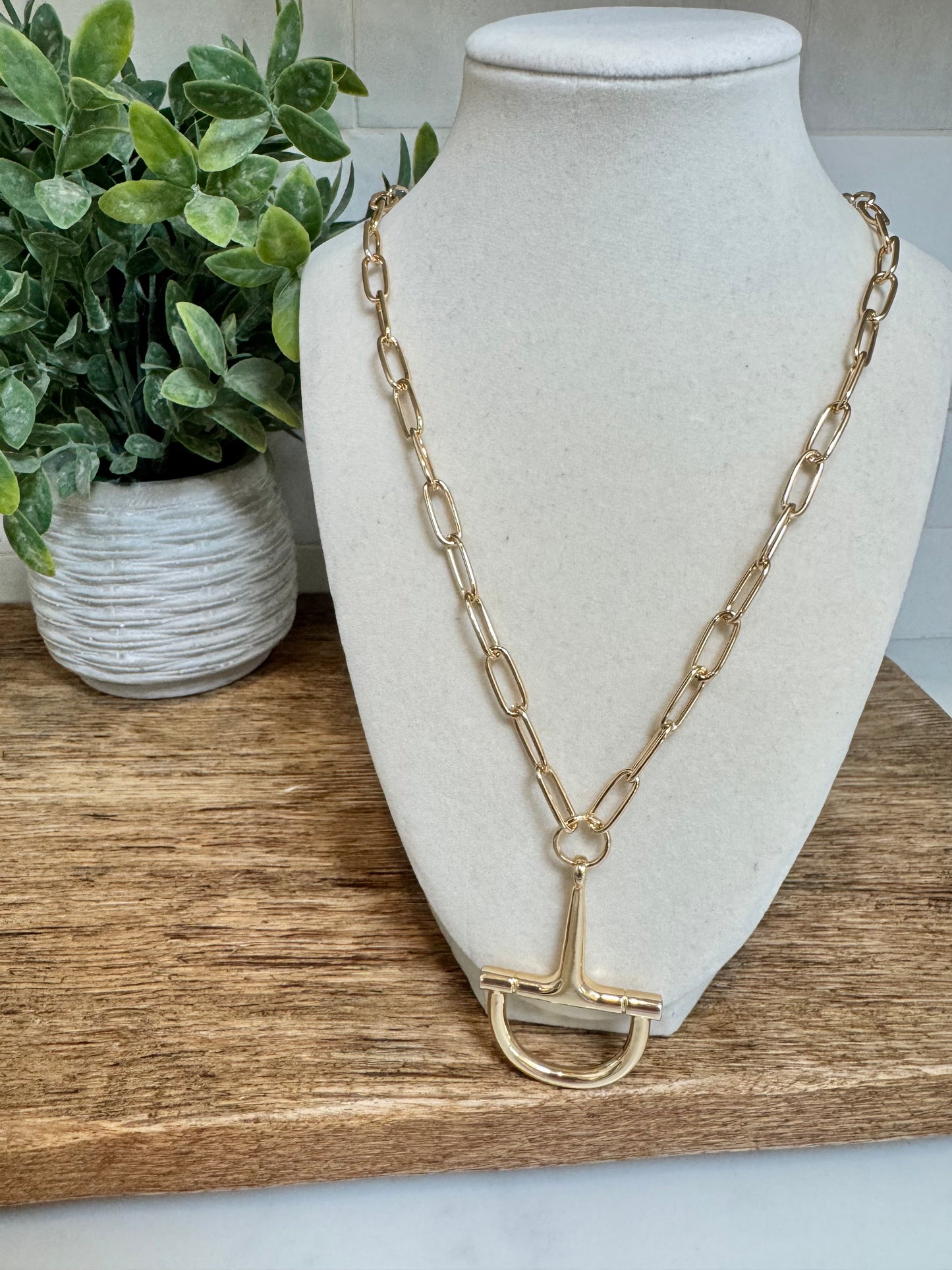 14K Plated Large Horsebit Pendant Necklace