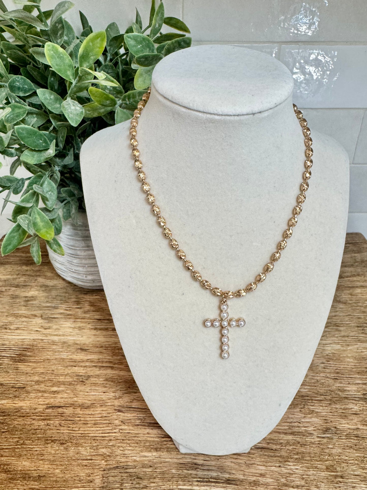 Pearl Cross Beaded Gold Chain Necklace