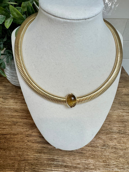 Gold Coil Amber Pendant Necklace