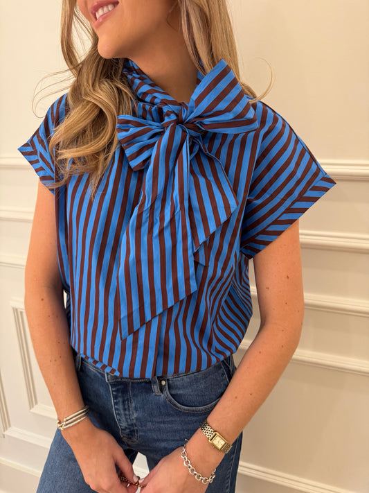 Hallie Tie Top - Blue and Brown