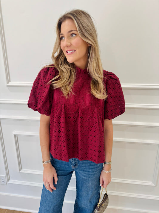 Lottie Eyelet top - maroon